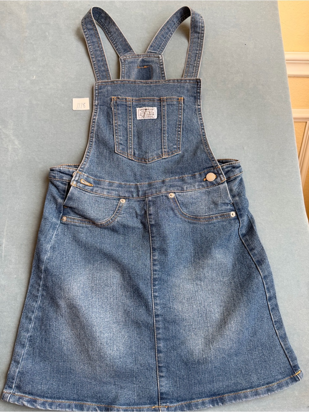 Levi's Blue Denim Pinafore with Front Label size L 14/16 Girls